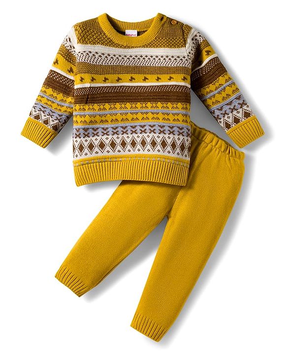 Babyhug Knit Full Sleeves Pullover Sweater Set With Aztec Design - Mustard