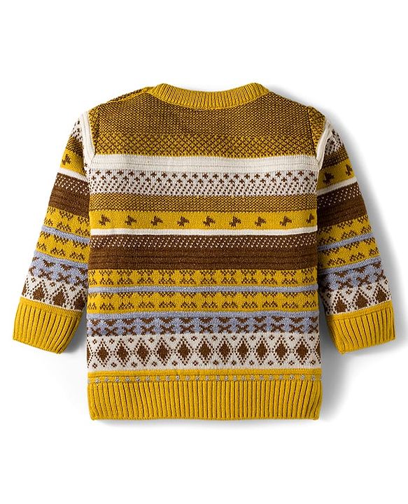 Babyhug Knit Full Sleeves Pullover Sweater Set With Aztec Design - Mustard
