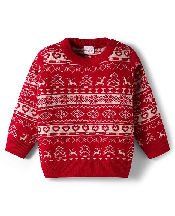 Babyhug Knitted Full Sleeves Sweater Set With Floral & Animal Design - Red