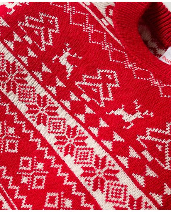 Babyhug Knitted Full Sleeves Sweater Set With Floral & Animal Design - Red