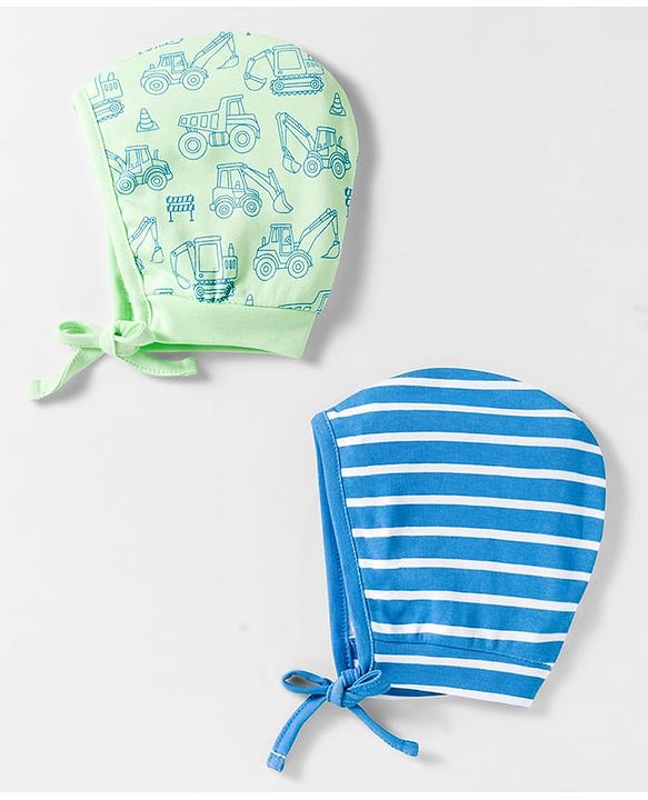 Babyhug 100% Cotton Interlock Knit Caps With Vehicle Print Pack Of 2 Blue & Light Green - Diameter 14.5 cm