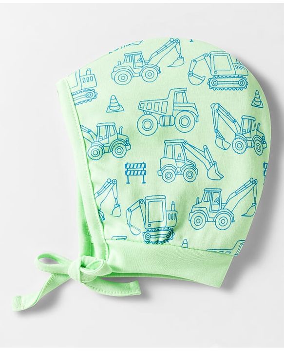 Babyhug 100% Cotton Interlock Knit Caps With Vehicle Print Pack Of 2 Blue & Light Green - Diameter 14.5 cm