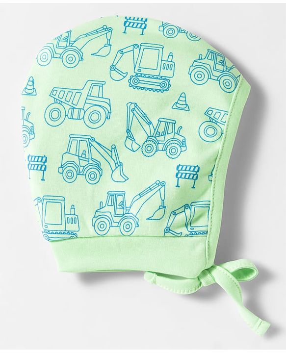 Babyhug 100% Cotton Interlock Knit Caps With Vehicle Print Pack Of 2 Blue & Light Green - Diameter 14.5 cm