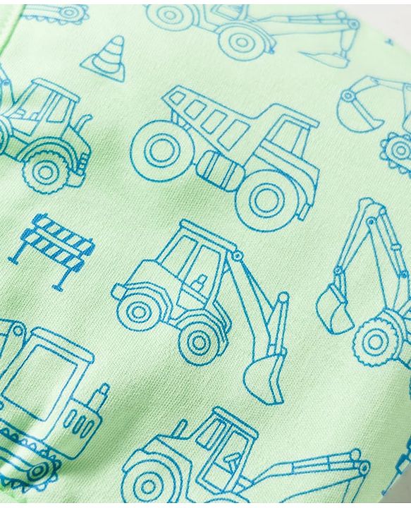 Babyhug 100% Cotton Interlock Knit Caps With Vehicle Print Pack Of 2 Blue & Light Green - Diameter 14.5 cm