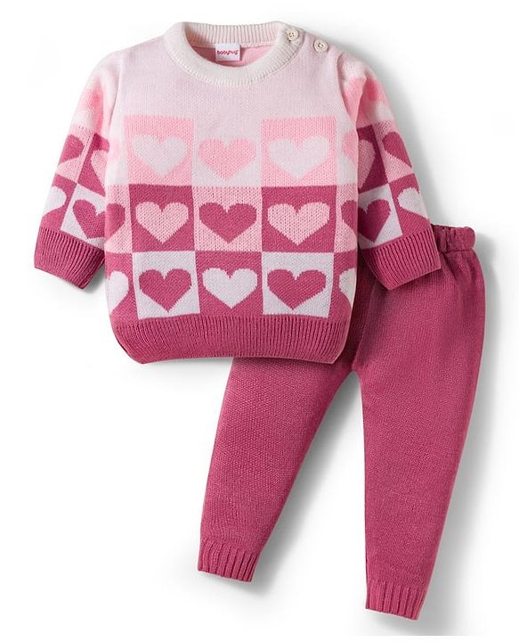 Babyhug Knitted Full Sleeves Sweater Set With Heart Design - Pink