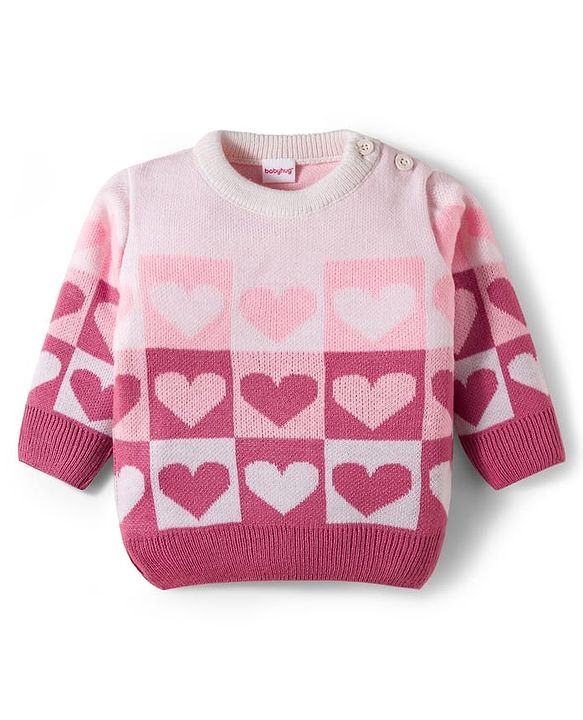 Babyhug Knitted Full Sleeves Sweater Set With Heart Design - Pink