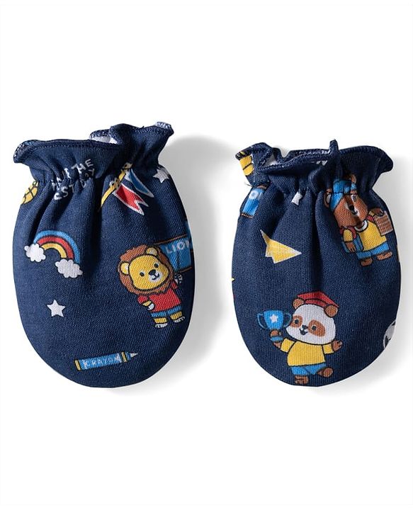 Babyhug 100% Cotton Knit Mittens & Booties with Sports Theme Print - Navy Blue