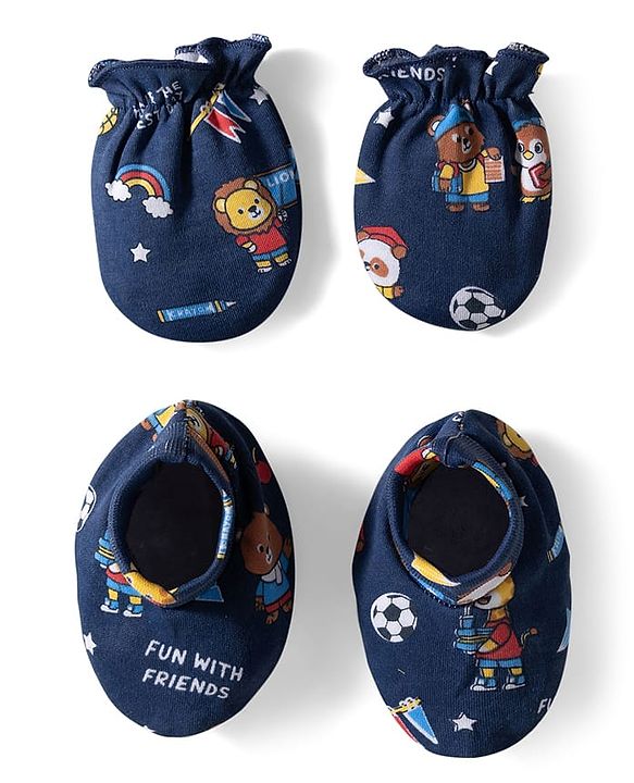Babyhug 100% Cotton Knit Mittens & Booties with Sports Theme Print - Navy Blue