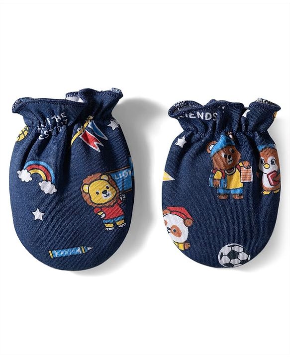 Babyhug 100% Cotton Knit Mittens & Booties with Sports Theme Print - Navy Blue
