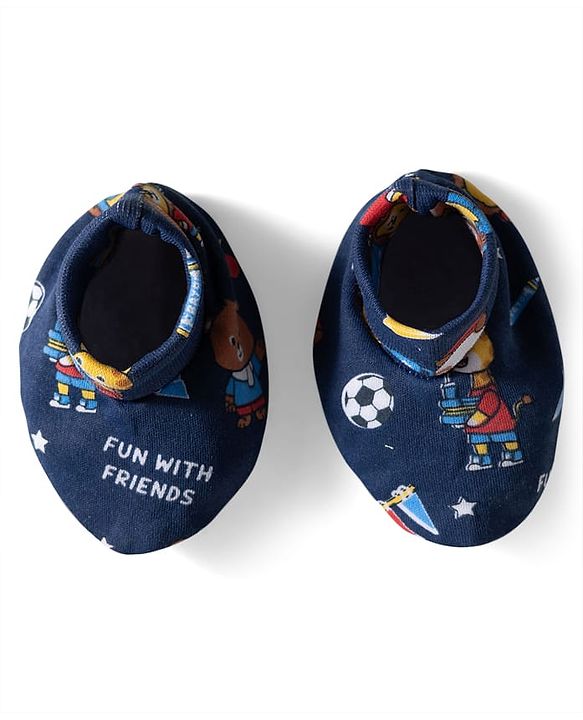 Babyhug 100% Cotton Knit Mittens & Booties with Sports Theme Print - Navy Blue