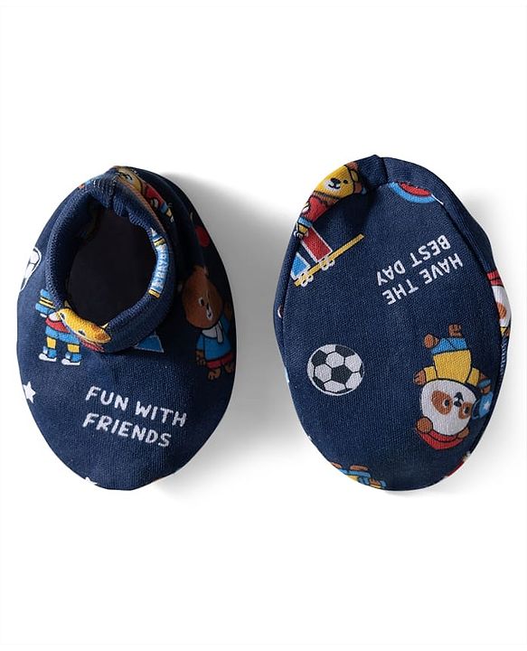Babyhug 100% Cotton Knit Mittens & Booties with Sports Theme Print - Navy Blue