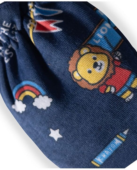 Babyhug 100% Cotton Knit Mittens & Booties with Sports Theme Print - Navy Blue