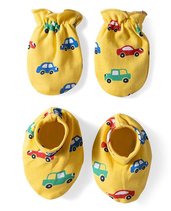 Babyhug 100% Cotton Knit Mittens & Booties with Vehicle Print - Yellow