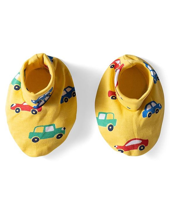 Babyhug 100% Cotton Knit Mittens & Booties with Vehicle Print - Yellow