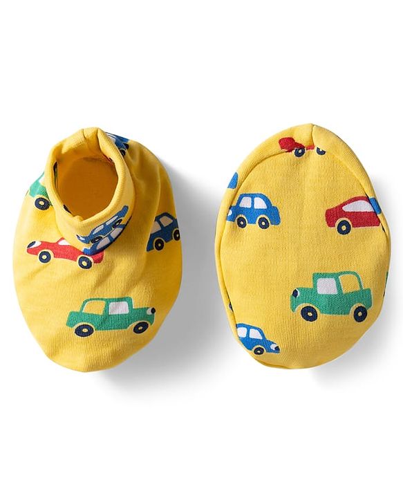 Babyhug 100% Cotton Knit Mittens & Booties with Vehicle Print - Yellow