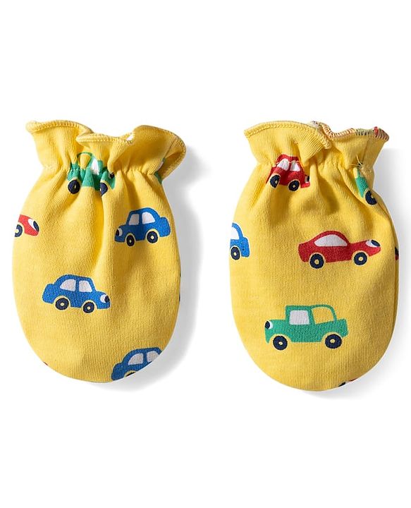 Babyhug 100% Cotton Knit Mittens & Booties with Vehicle Print - Yellow