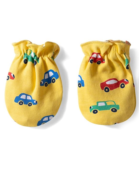 Babyhug 100% Cotton Knit Mittens & Booties with Vehicle Print - Yellow