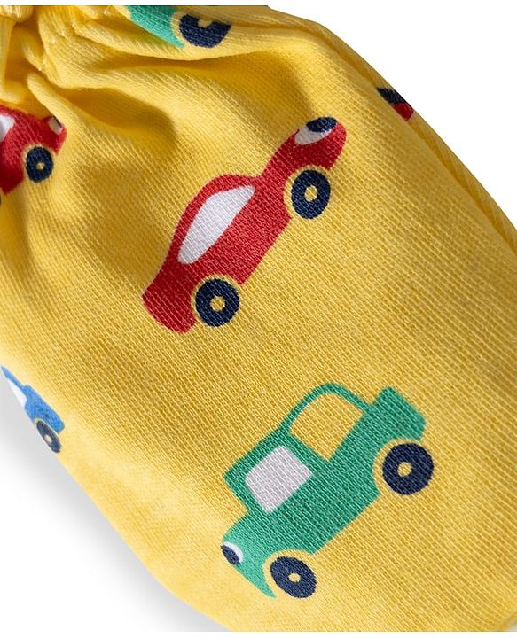 Babyhug 100% Cotton Knit Mittens & Booties with Vehicle Print - Yellow