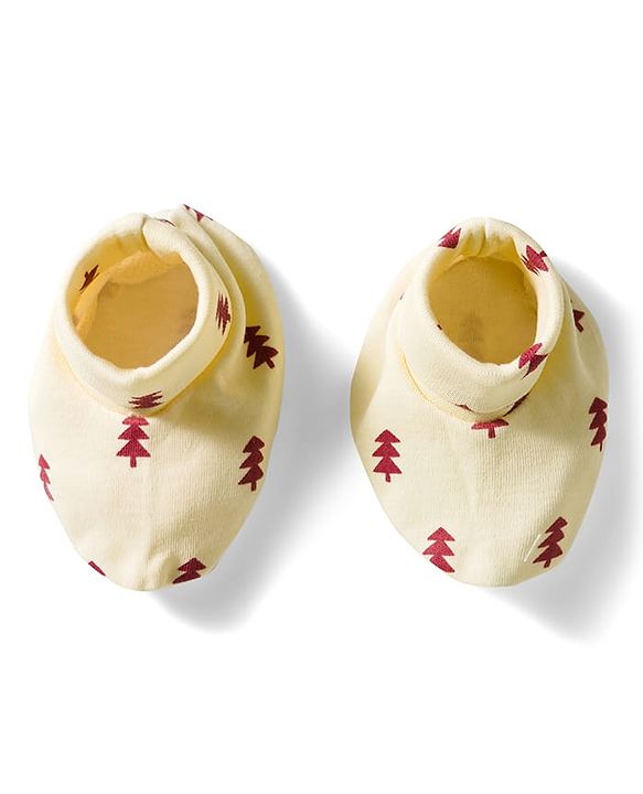 Babyhug 100% Cotton Mittens & Booties Set With Tree Print - Beige