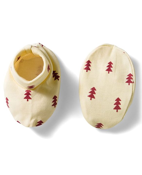 Babyhug 100% Cotton Mittens & Booties Set With Tree Print - Beige