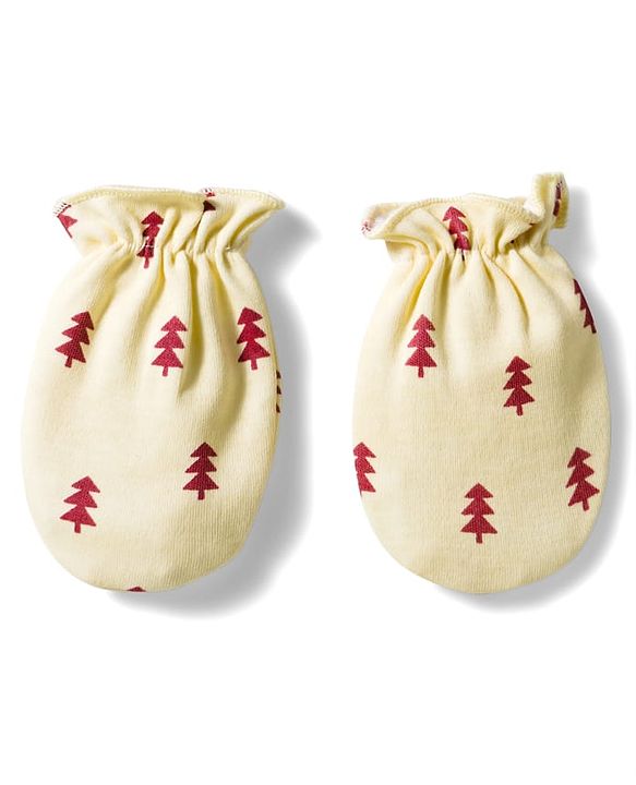 Babyhug 100% Cotton Mittens & Booties Set With Tree Print - Beige
