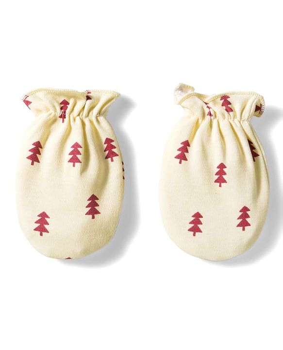 Babyhug 100% Cotton Mittens & Booties Set With Tree Print - Beige