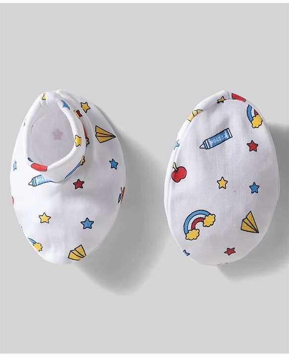 Babyhug 100% Cotton Knit Mittens & Booties with Rainbow Print - White