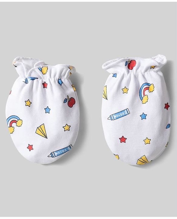 Babyhug 100% Cotton Knit Mittens & Booties with Rainbow Print - White