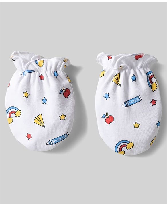 Babyhug 100% Cotton Knit Mittens & Booties with Rainbow Print - White