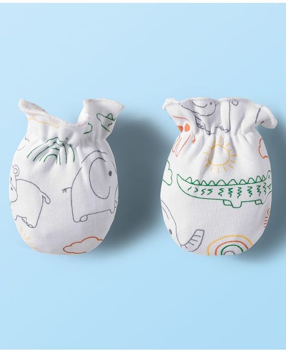 Babyhug 100% Cotton Knit Mittens & Booties Set with Animal Print - White