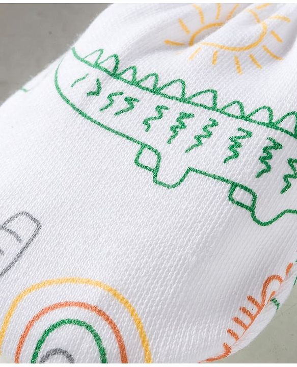 Babyhug 100% Cotton Knit Mittens & Booties Set with Animal Print - White