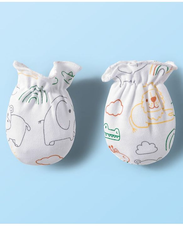 Babyhug 100% Cotton Knit Mittens & Booties Set with Animal Print - White