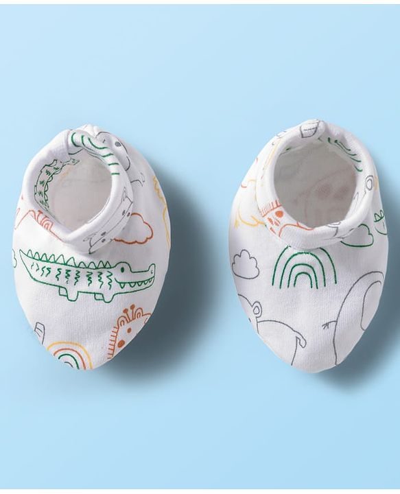 Babyhug 100% Cotton Knit Mittens & Booties Set with Animal Print - White