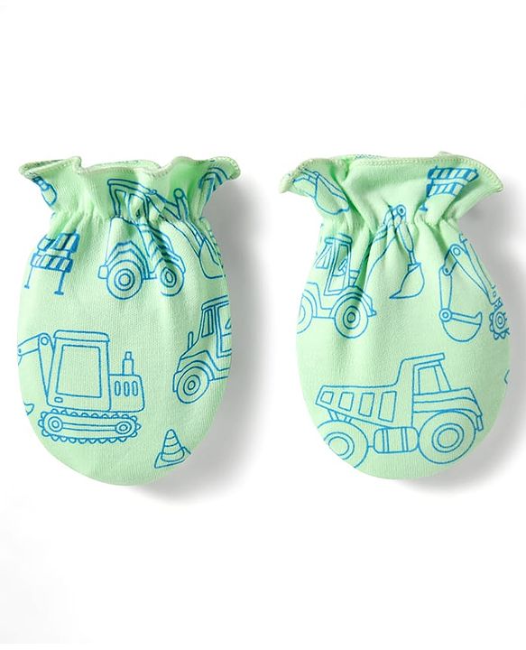 Babyhug 100% Cotton Knit  Mittens & Booties Set with Vehicle Print- Light Green