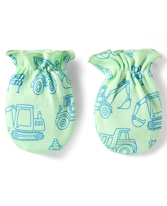 Babyhug 100% Cotton Knit  Mittens & Booties Set with Vehicle Print- Light Green