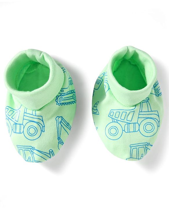 Babyhug 100% Cotton Knit  Mittens & Booties Set with Vehicle Print- Light Green
