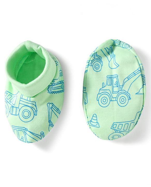 Babyhug 100% Cotton Knit  Mittens & Booties Set with Vehicle Print- Light Green