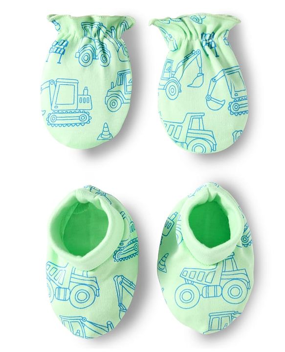 Babyhug 100% Cotton Knit  Mittens & Booties Set with Vehicle Print- Light Green
