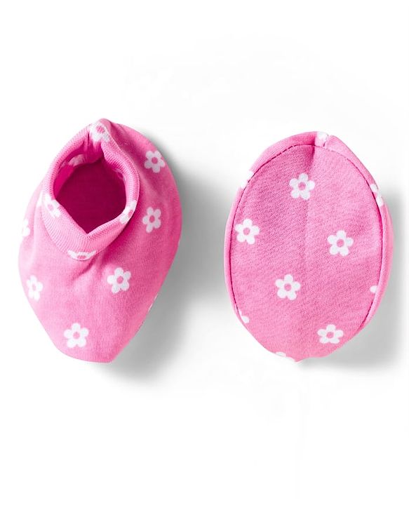 Babyhug 100% Cotton Mittens & Booties Set With Floral Print - Pink