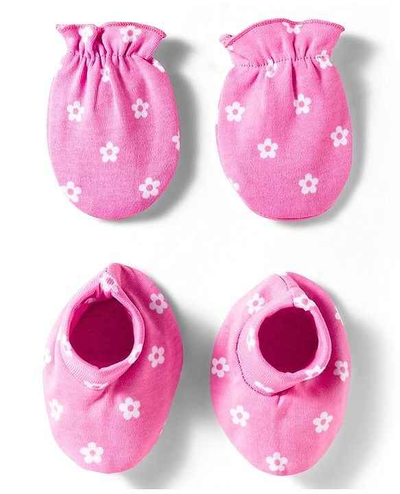 Babyhug 100% Cotton Mittens & Booties Set With Floral Print - Pink