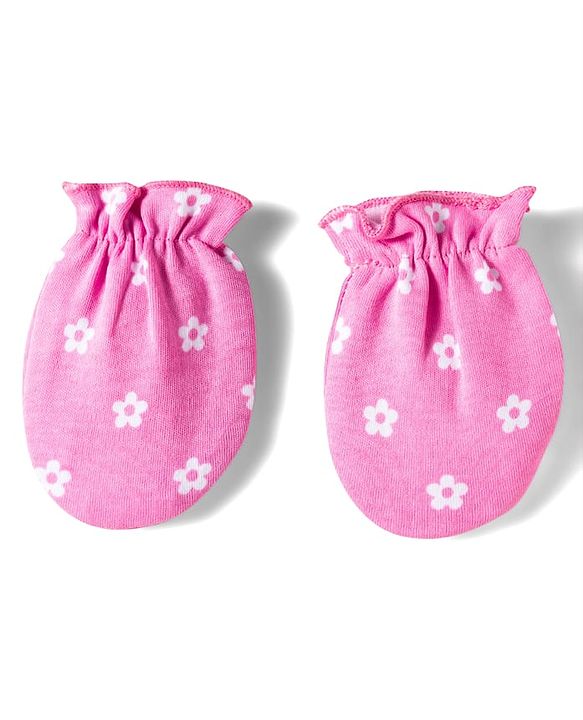 Babyhug 100% Cotton Mittens & Booties Set With Floral Print - Pink