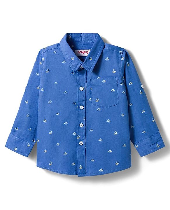 Babyhug Cotton Woven Full Sleeves Shirt with Ship Print - Blue
