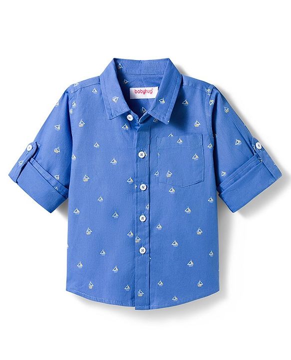 Babyhug Cotton Woven Full Sleeves Shirt with Ship Print - Blue