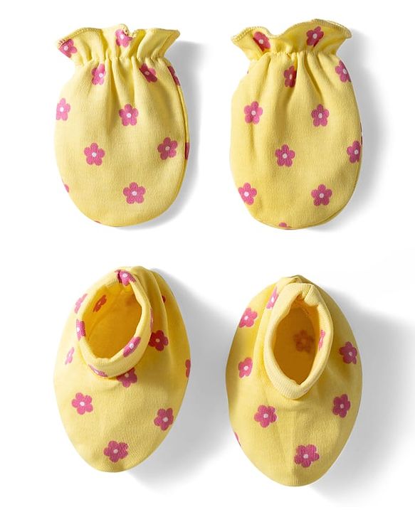 Babyhug 100% Cotton Knit Mittens & Booties with Floral Print - Yellow