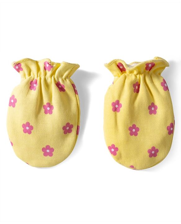Babyhug 100% Cotton Knit Mittens & Booties with Floral Print - Yellow