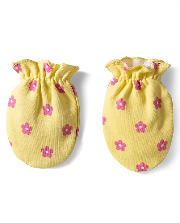 Babyhug 100% Cotton Knit Mittens & Booties with Floral Print - Yellow