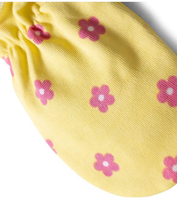 Babyhug 100% Cotton Knit Mittens & Booties with Floral Print - Yellow