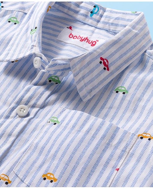 Babyhug Cotton Woven Full Sleeves Striped Shirt with Car Print - White