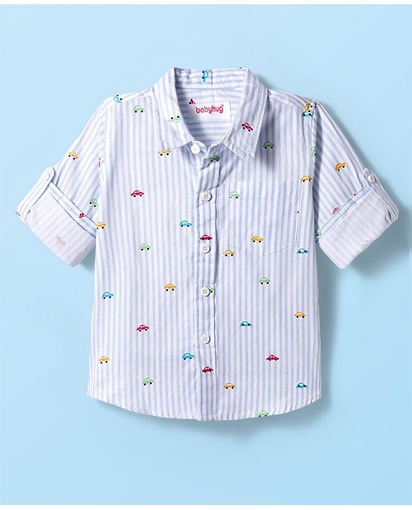 Babyhug Cotton Woven Full Sleeves Striped Shirt with Car Print - White