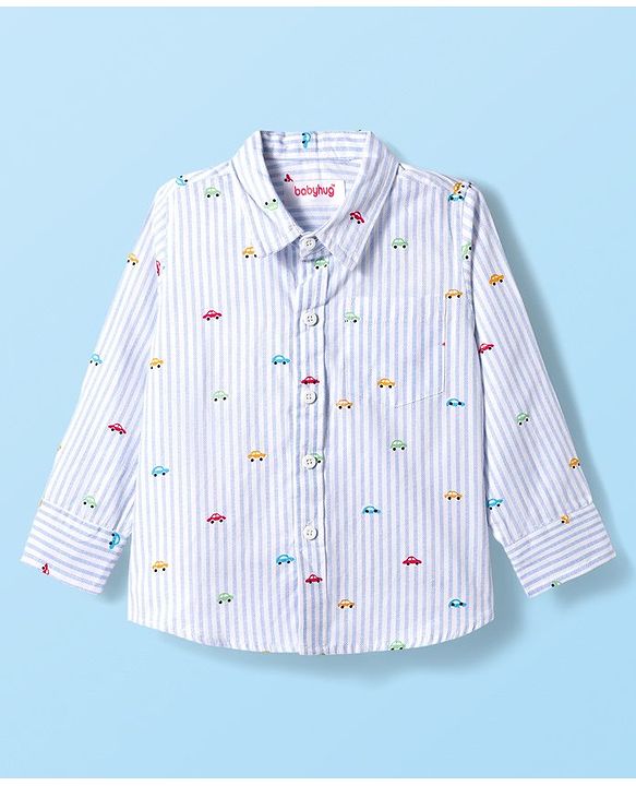 Babyhug Cotton Woven Full Sleeves Striped Shirt with Car Print - White